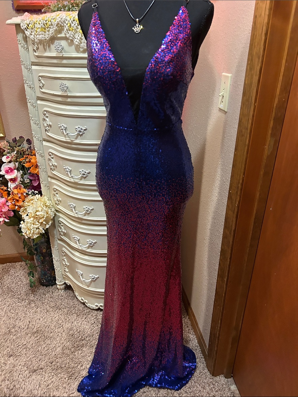 SHEIN Blue to Pink Sequin Ombre V-Neck Maxi Dress